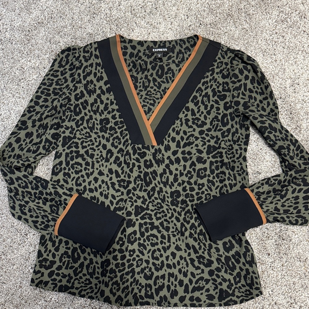 Express Olive Green Leopard Print V-Neck Top with Black & Tan Trim